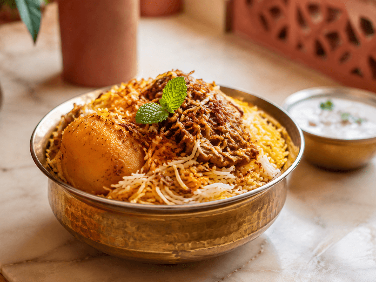 A restaurant kitchen plating a biryani for a HunBite order